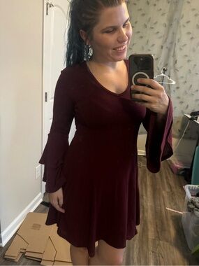 *3 for $15* She + Sky Burgundy V-Neck Bell-Sleeve Mini Dress